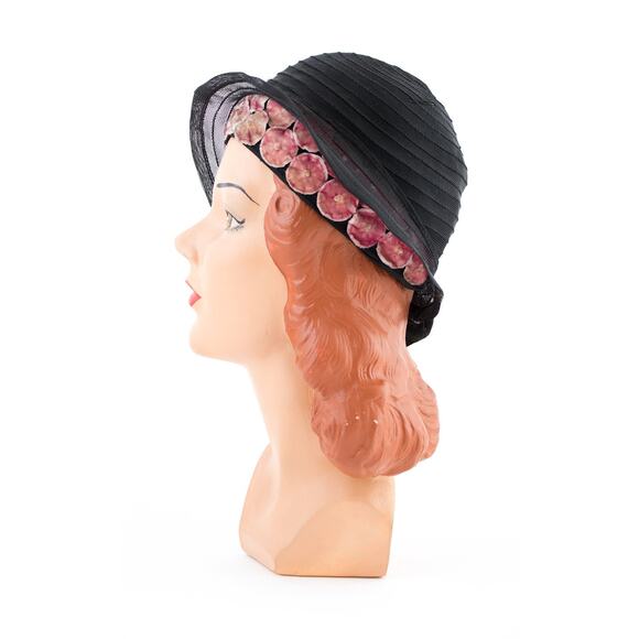 Vintage 1920s Cloche 20s Velvet Floral Black Woven Summer Evening Hat with Bow - Picture 4 of 10